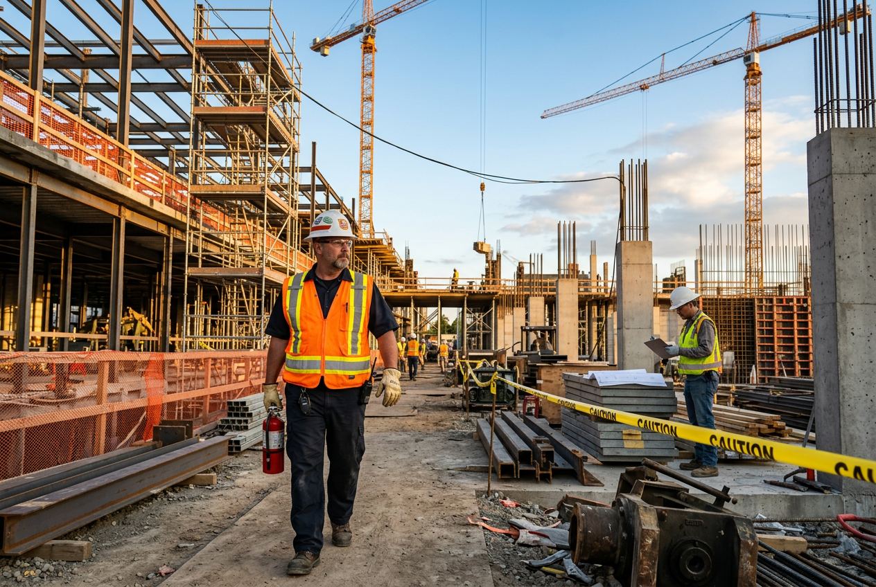 Fire watch guard in high-visibility vest patrolling active construction site