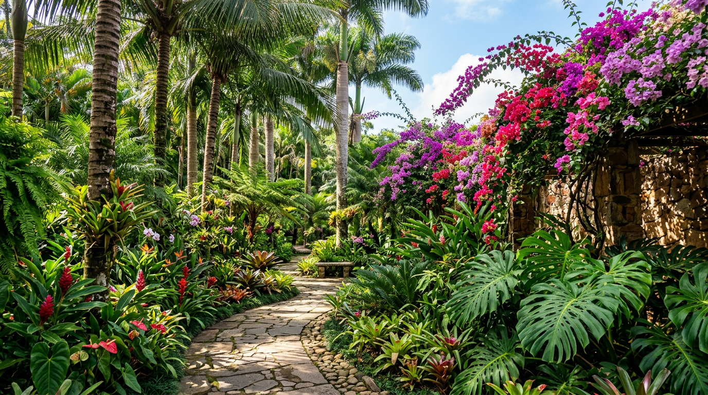 Jardim tropical exuberante com palmeiras, flores coloridas e caminho de pedra