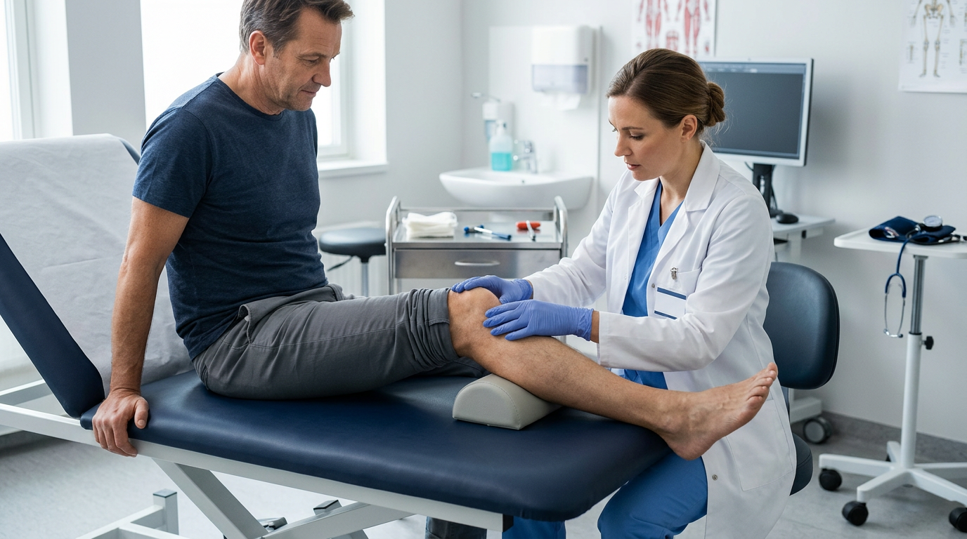 Photograph of a doctor examining and palpating a seated patient's knee during a clinical evaluation