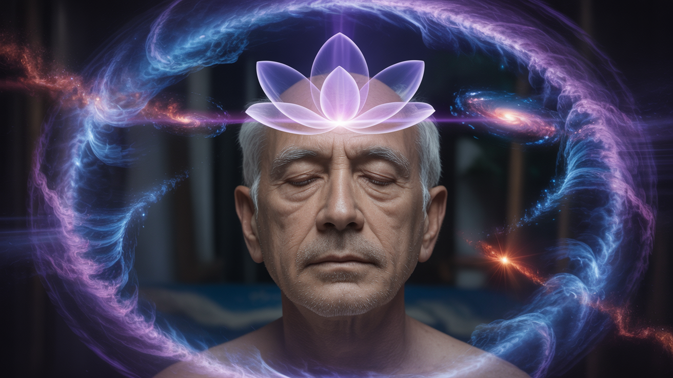 Stariji muškarac u meditaciji sa veličanstvenim indigo lotosom od dve latice na čelu dok se galaksije i magline ogledaju u indigo svetlosti koja zrači iz trećeg oka