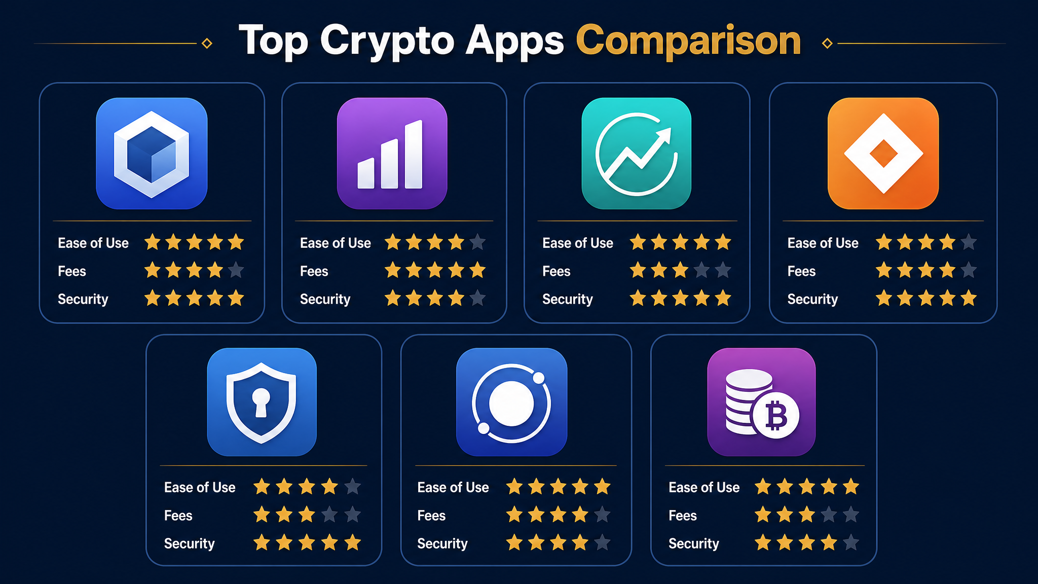 Best crypto apps for beginners comparison chart 2026 — ratings for ease of use, fees, and security across 7 apps