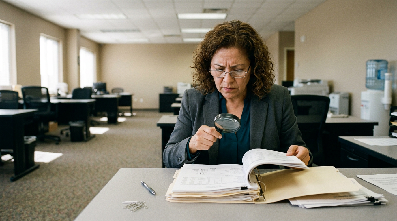 A woman advocate auditing a VA claims file with a magnifying glass