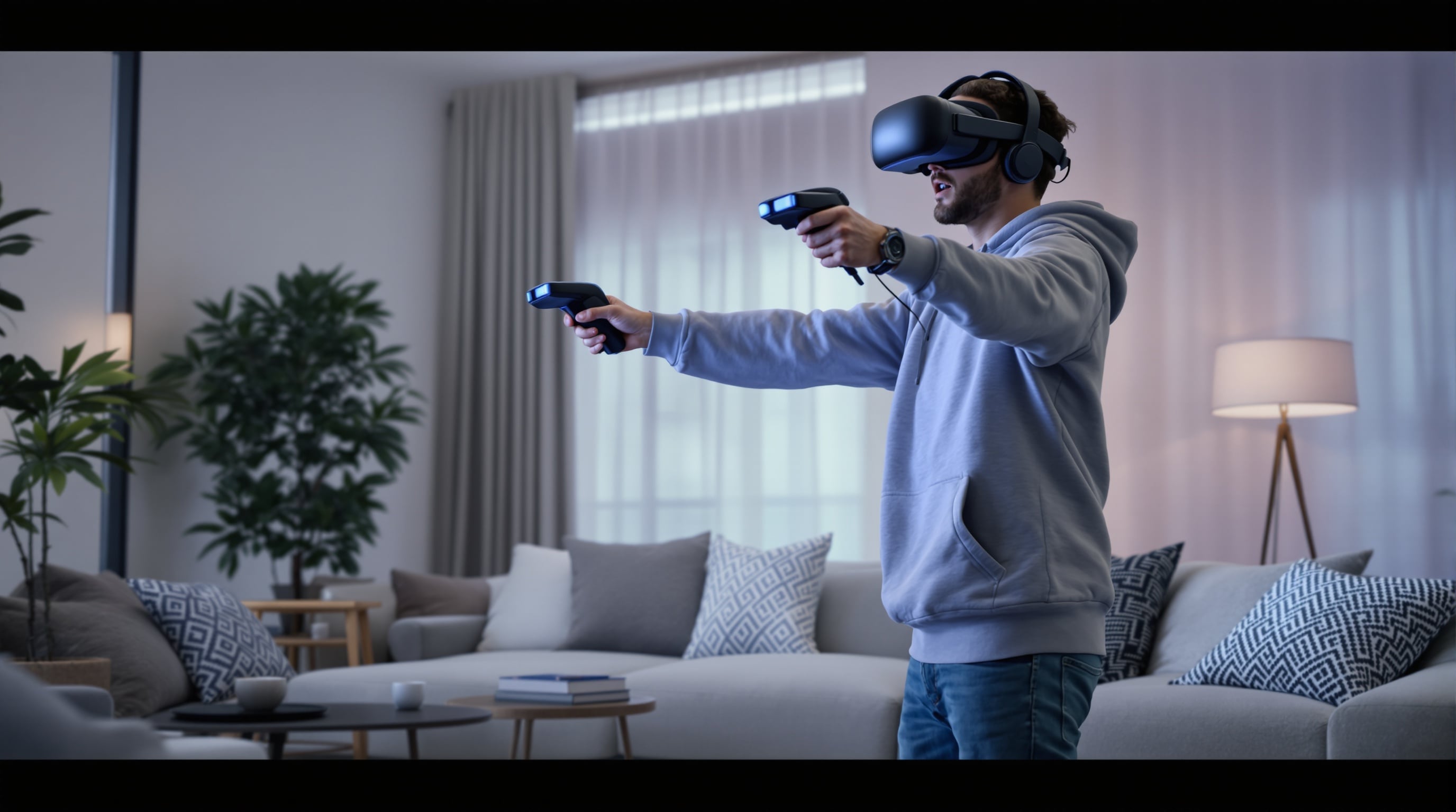 Muškarac koristi VR naočare u dnevnoj sobi, uronjen u virtuelni svet