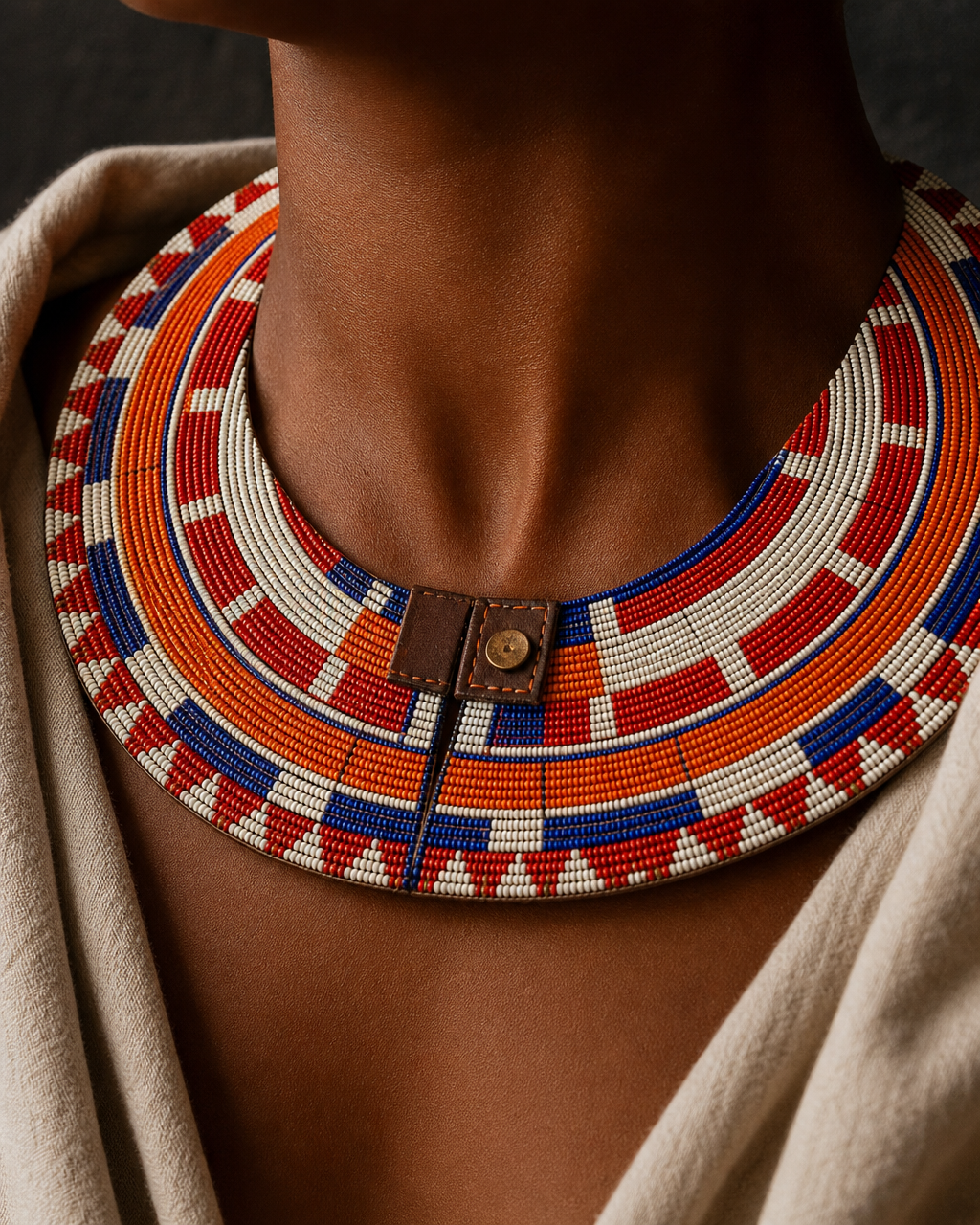 Close-up of the Maasai Collar at a model's neckline