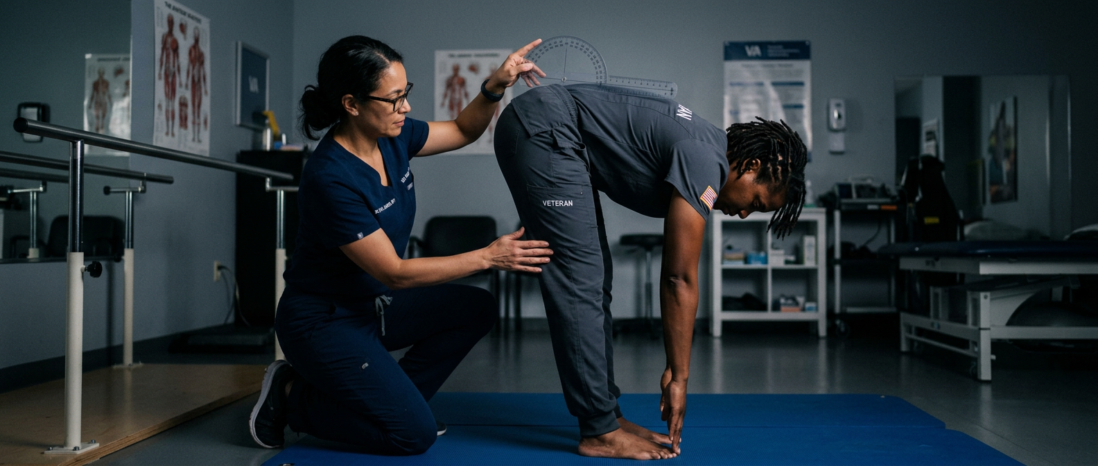 A clinician using a goniometer to measure lumbar forward flexion on a Black woman veteran bending forward at the waist, the measurement arc held against her lower back at belt level