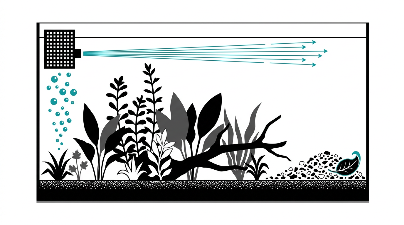 Diagrama esquemático de aquário com distribuição desigual de CO2, jato forte e zona morta com detrito