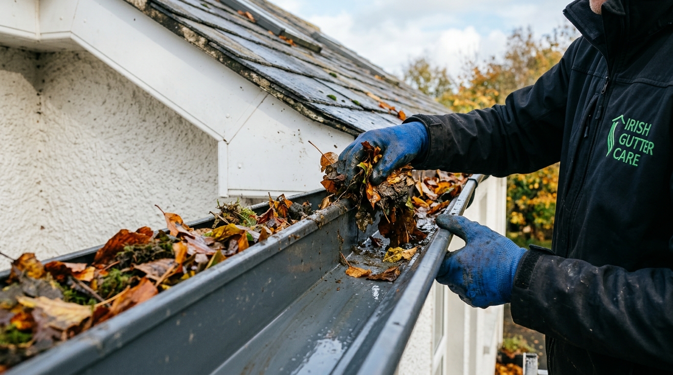 Professional gutter cleaning with debris being removed