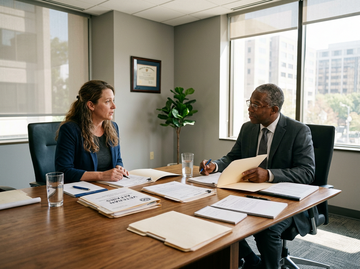 A VA-accredited claims advocate helping a woman veteran with her disability claim