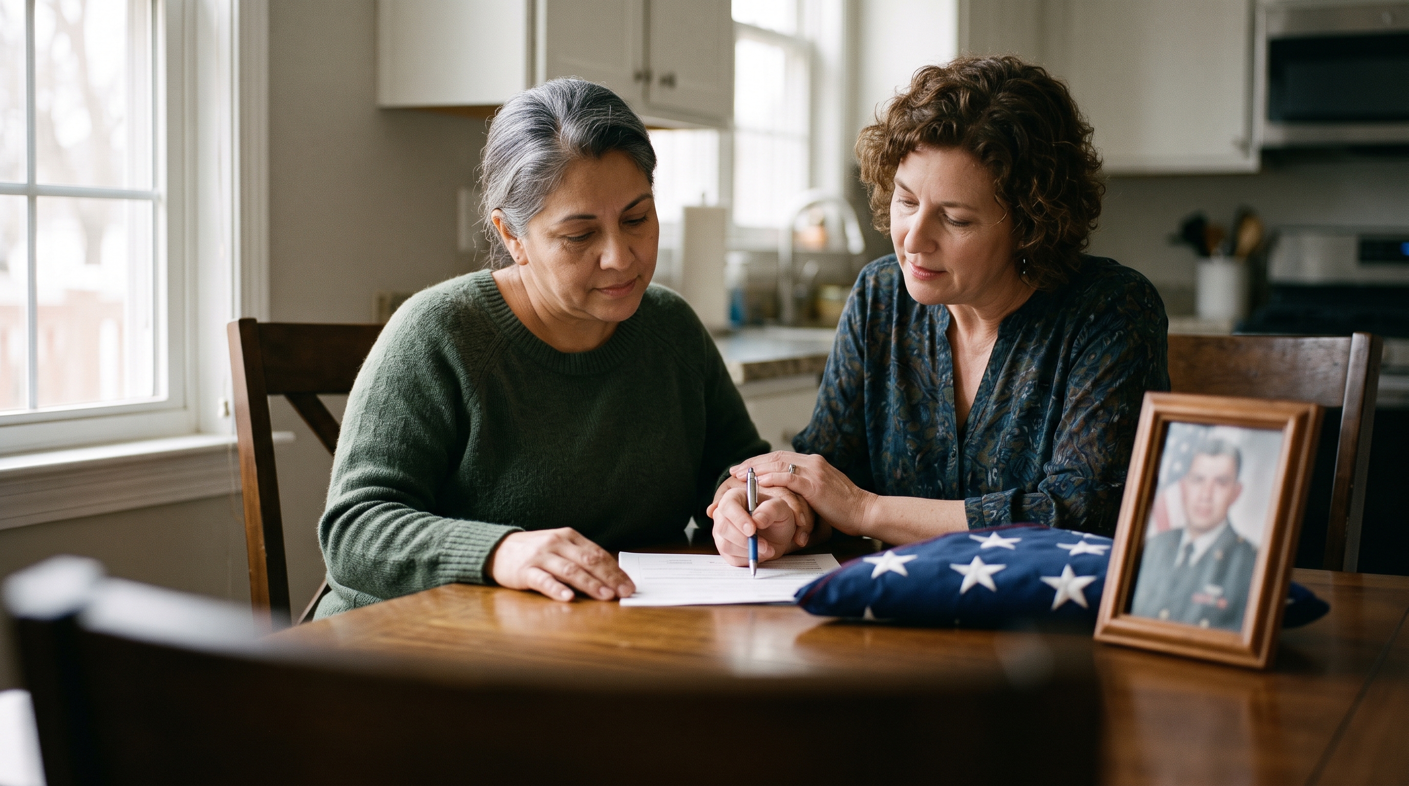 A surviving military spouse reviewing benefits paperwork with a compassionate advisor at a kitchen table, a folded flag and framed veteran portrait nearby