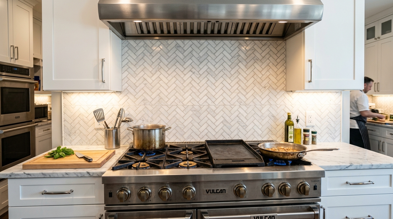 Kitchen herringbone marble backsplash installation
