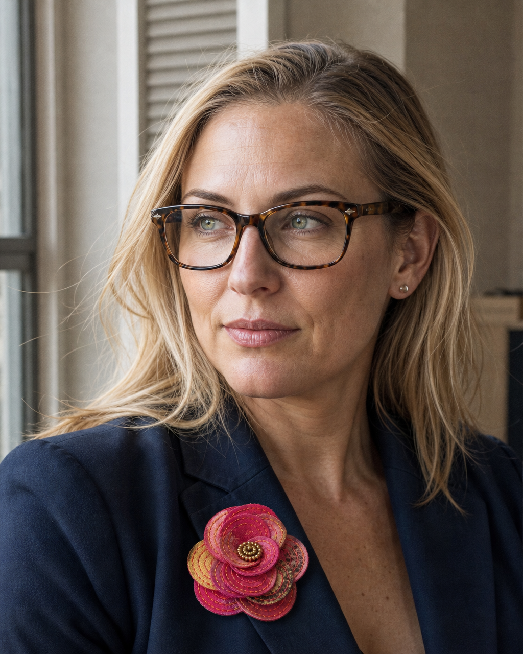 Elizabeth Groch wearing the Dhaka Bloom brooch