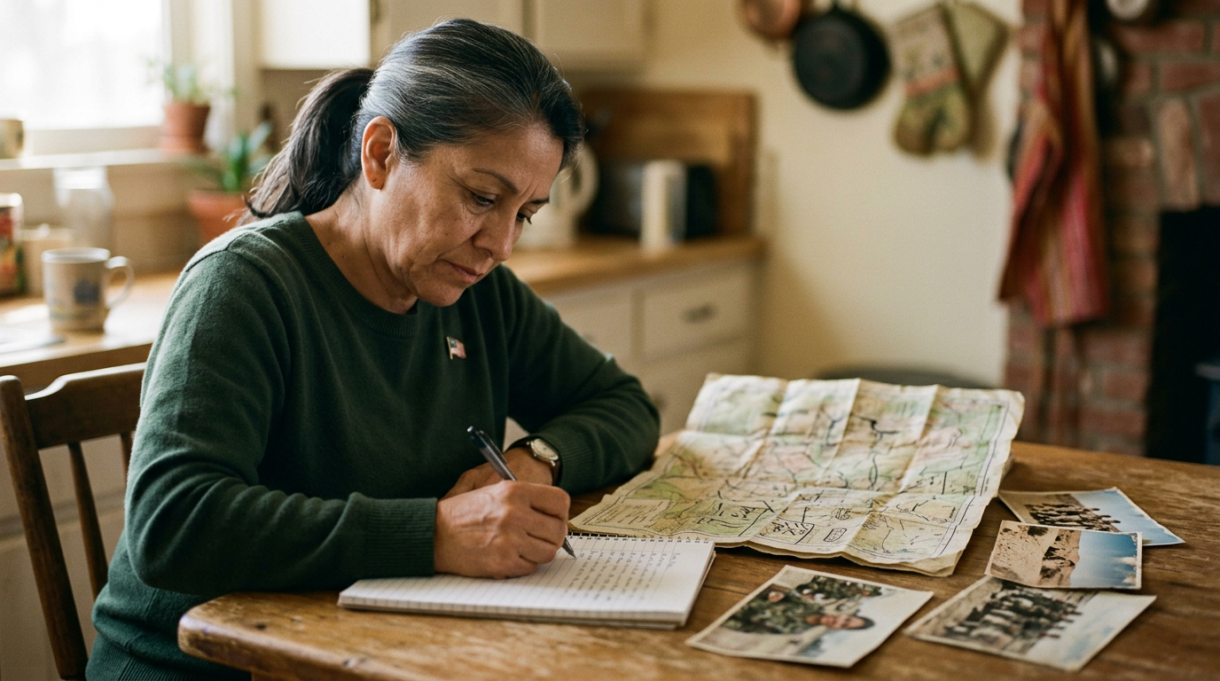 Veteran at her kitchen table with an old military map and deployment photos, writing down dates