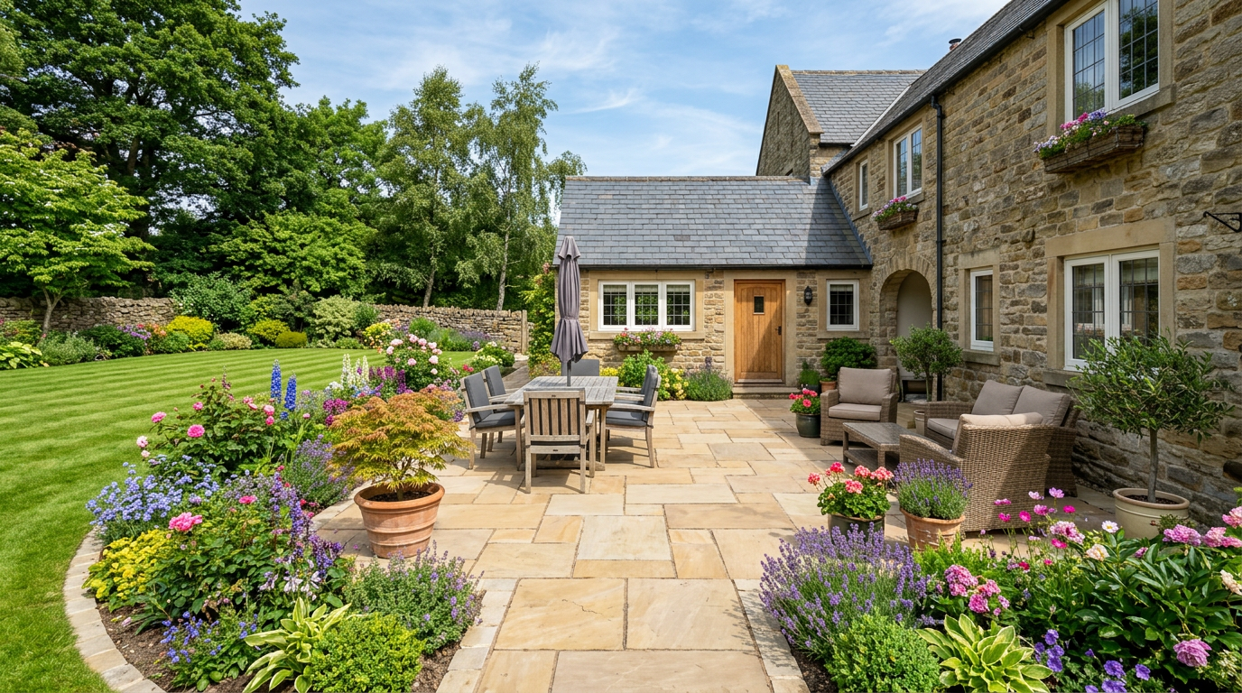 Natural stone patio with garden borders behind a UK home