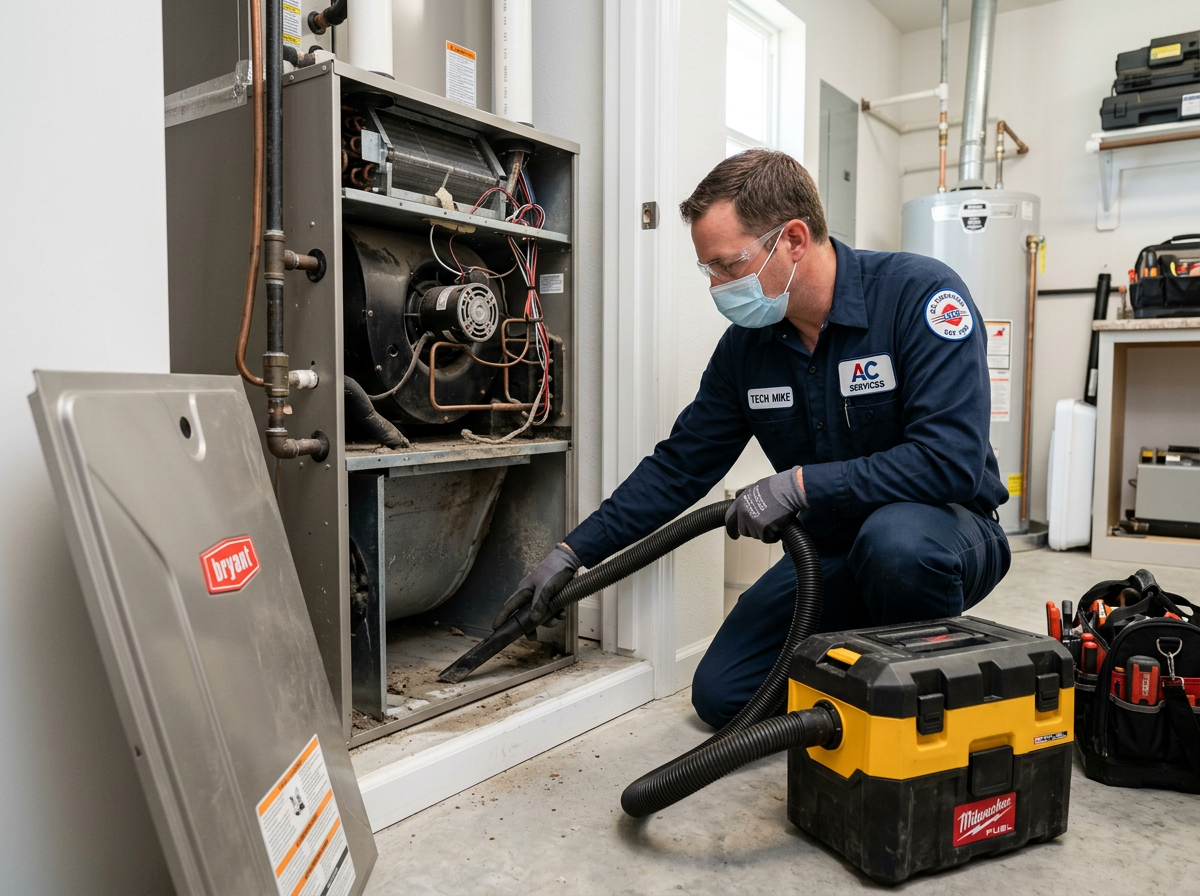 HVAC technician safely vacuuming dust and debris from inside a residential air handler cabinet
