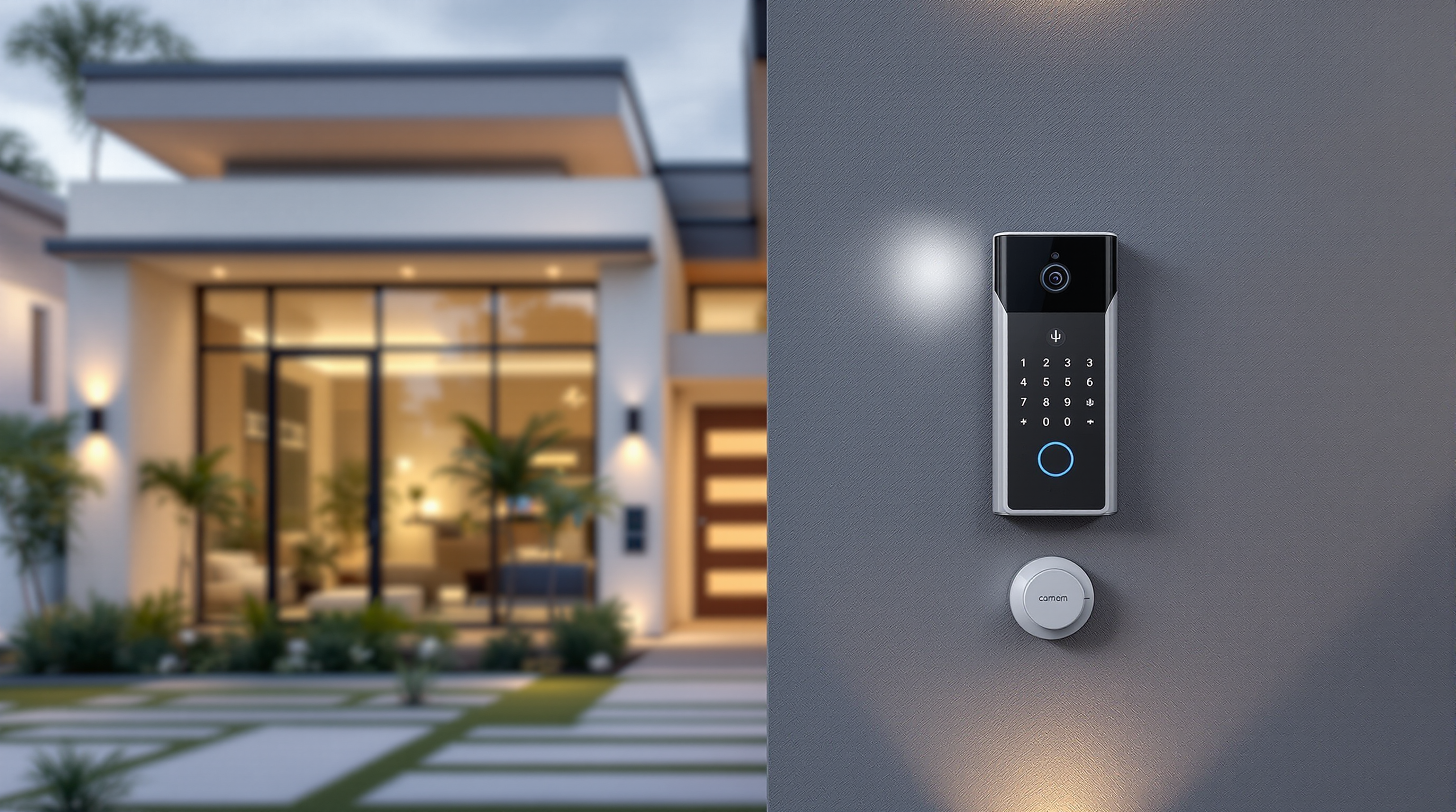 Modern smart home with integrated security cameras, sensors, and smart technology