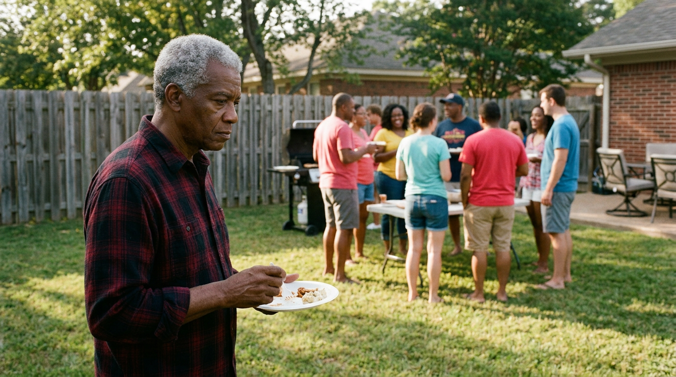 Older Black male veteran at an outdoor cookout standing slightly apart from the group in a flannel shirt covering his arms and appearing withdrawn