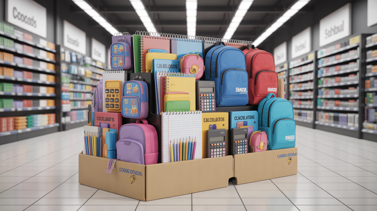Display de vuelta al cole con mochilas y material escolar