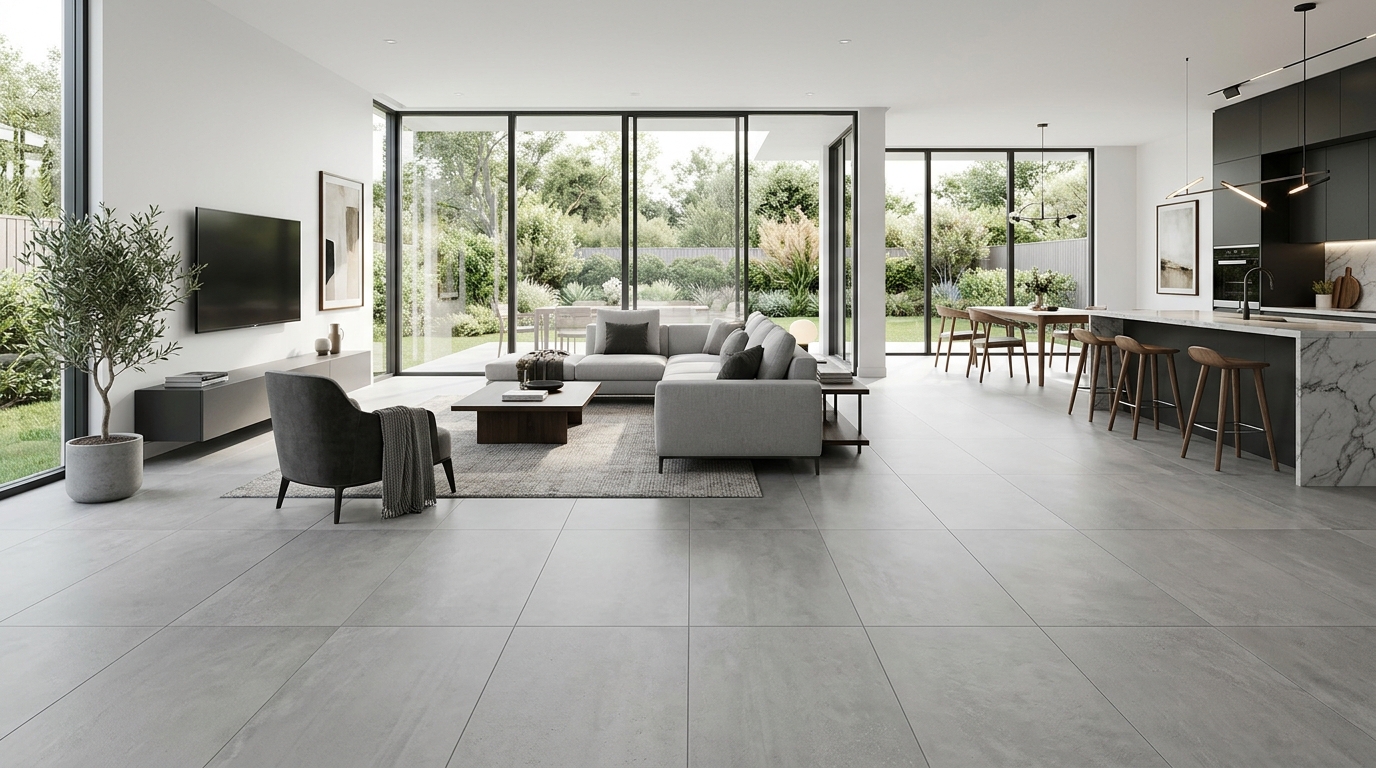 Large format gray porcelain floor tile in living room