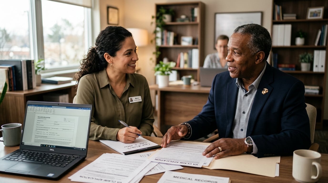Accredited claims agent reviewing a case file with a veteran
