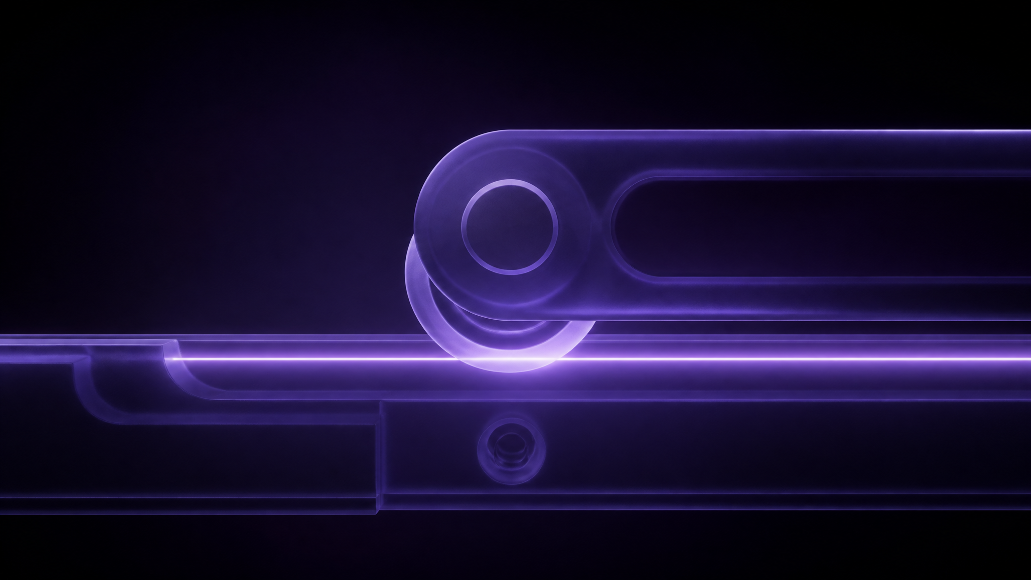 An abstract smooth sliding mechanism rendered in dark violet frosted glass — a clean glowing violet horizontal track with a rolling element gliding along it, representing reliable, well-engineered daily performance