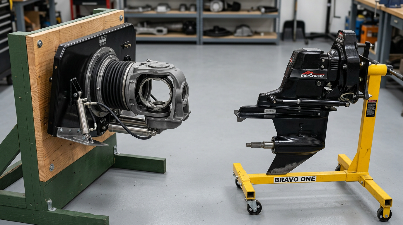 Fixed Bravo transom assembly mounting bracket beside a removable complete Bravo sterndrive unit on a workshop stand