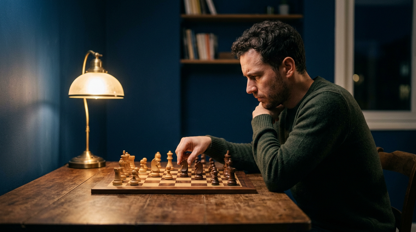 Pessoa jogando xadrez sozinha com foco profundo representando pensamento estratégico