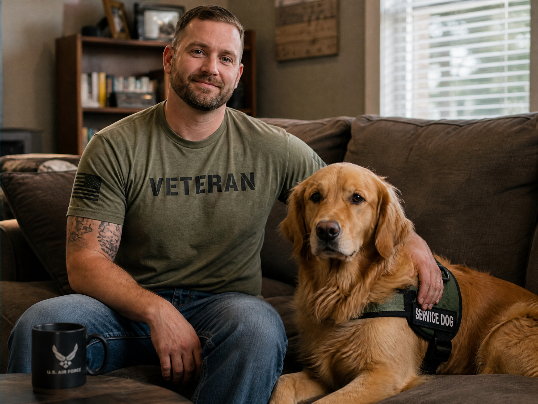 A veteran at home with his service dog
