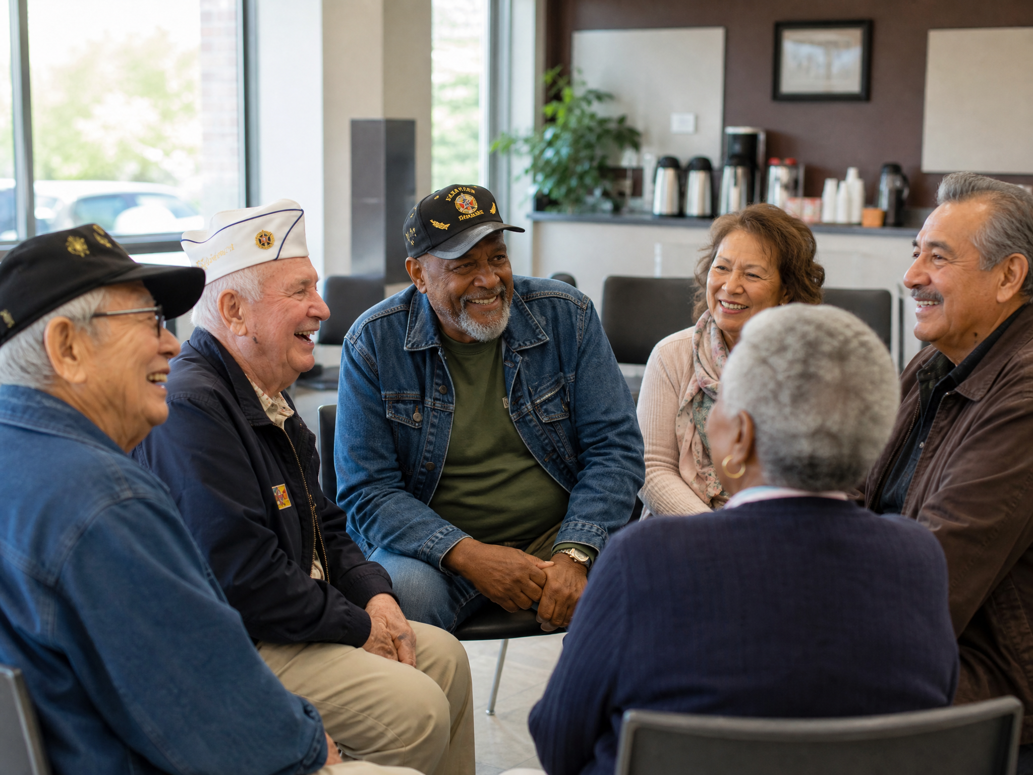 A diverse group of senior veterans sharing free resources and support together