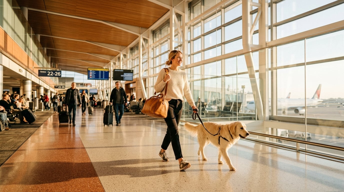 A person walking through an airport terminal with their dog