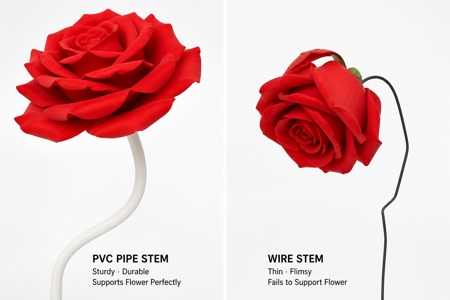 Close-up comparison of a bent PVC pipe stem supporting a giant foam rose versus a flimsy wire alternative