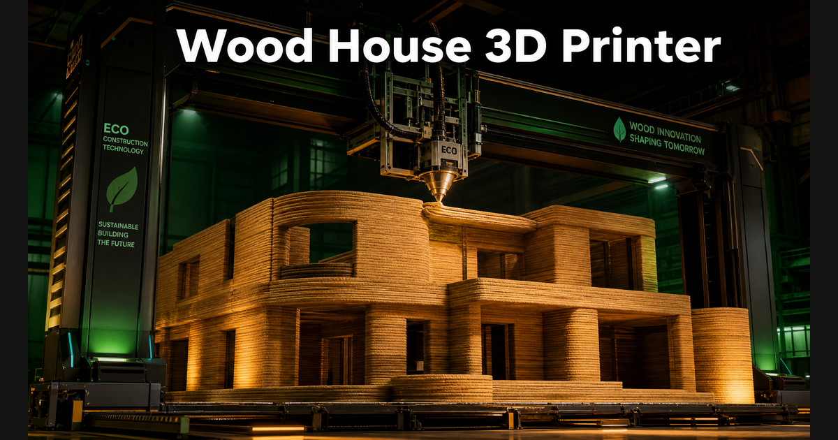 Open Graph preview image showing the Wood House 3D Printer concept with a futuristic construction scene