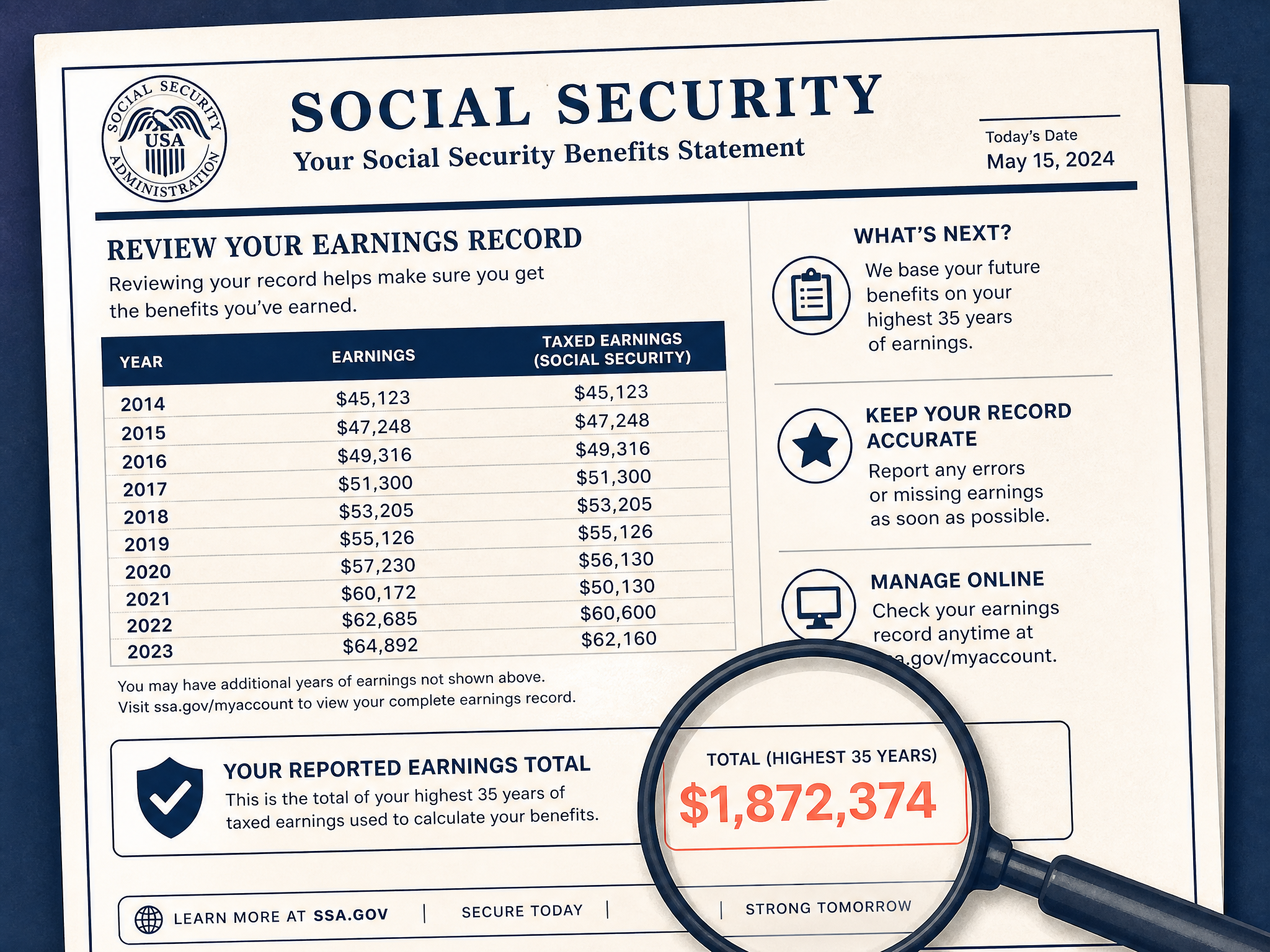 Illustration of a Social Security earnings statement with the estimated benefit amount highlighted and a magnifying glass over the earnings history - checking your record
