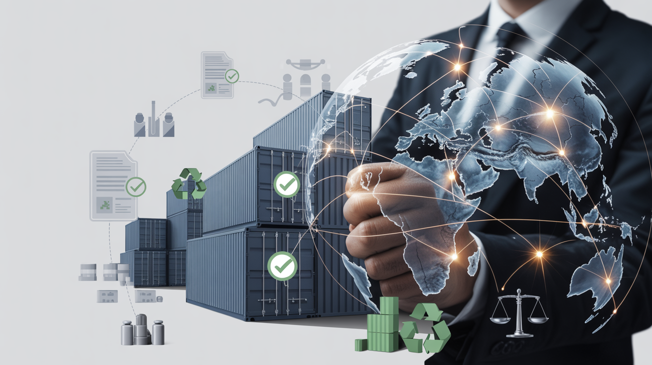 Global supply chain network visualization showing interconnected nodes across a world map with shipping containers, ESG compliance symbols, and regulatory framework elements in professional corporate blue, gray, and green color scheme