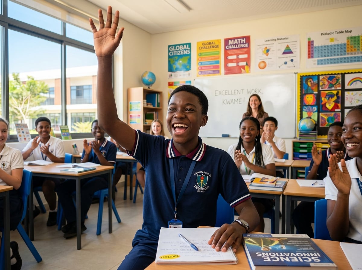 Handsome young Ghanaian boy student celebrating success in class
