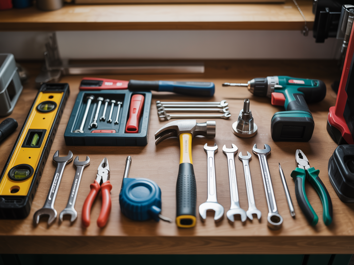 Professional home maintenance tools arranged on a workbench