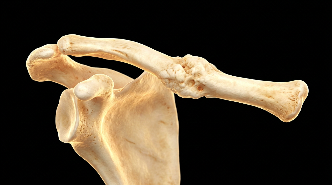 A detailed 3D anatomical render of a human clavicle and scapula on a black background, showing a mid-shaft clavicle fracture healed at an abnormal angle with visible callus formation
