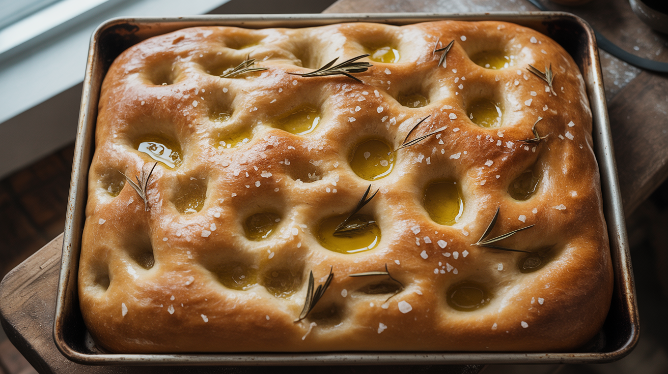Freshly baked sourdough focaccia with olive oil dimples, flaky salt, and rosemary in rectangular pan