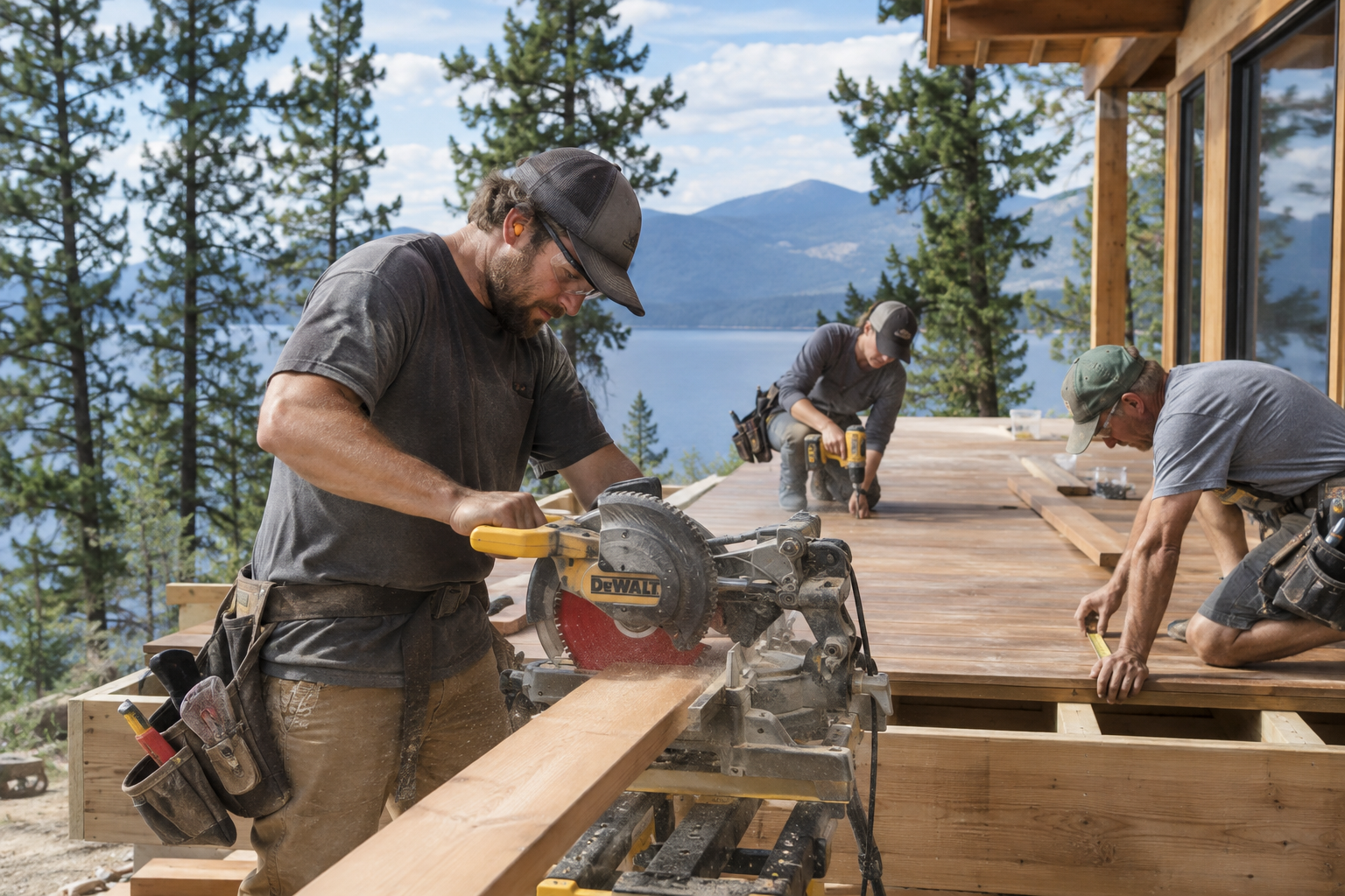 Professional deck builders installing cedar decking on a Muskoka property