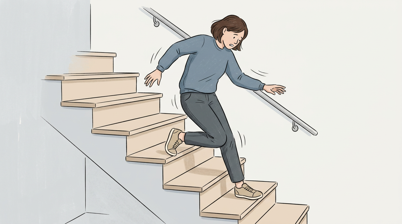Illustration of a person whose knee buckles as they step down a staircase, losing their balance