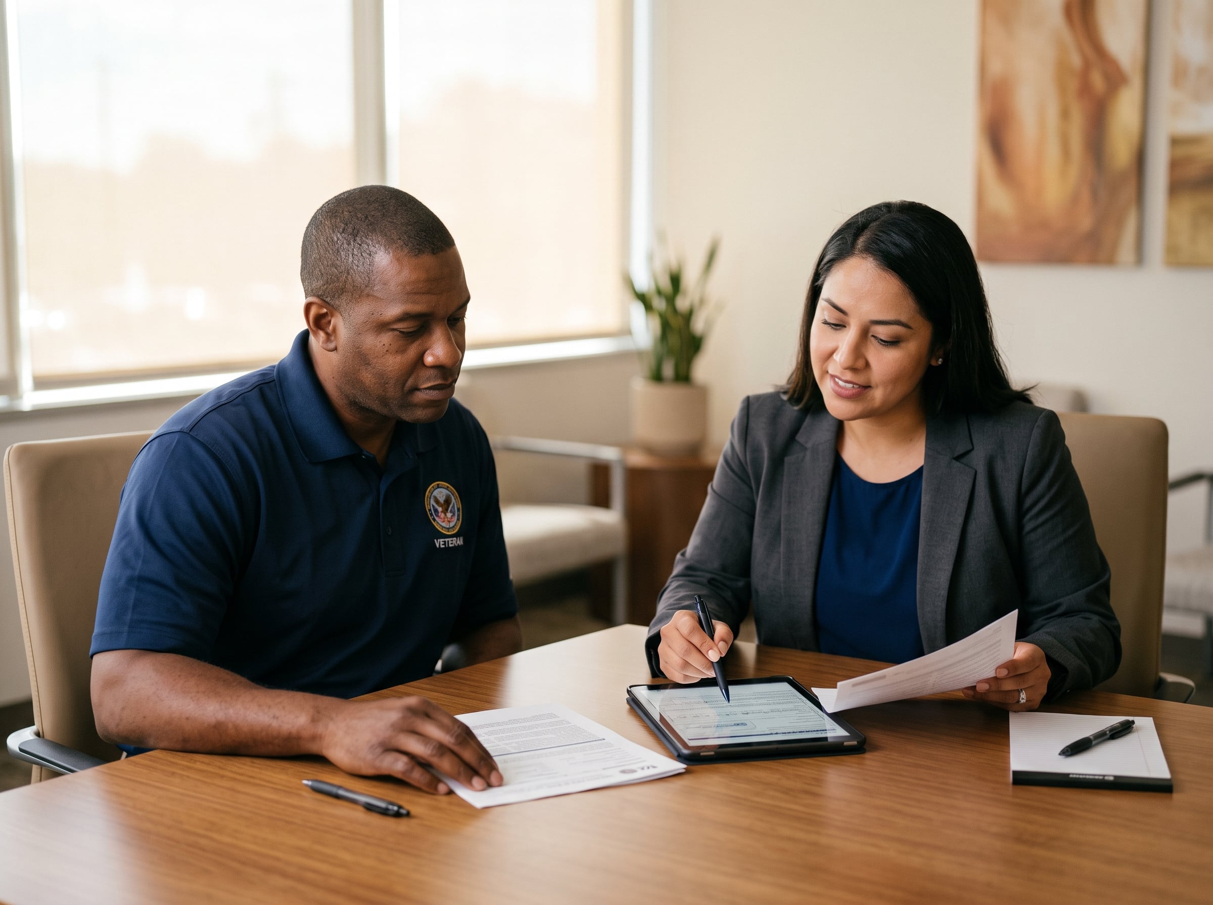 A veteran and a VA-accredited claims advocate reviewing a claim file together