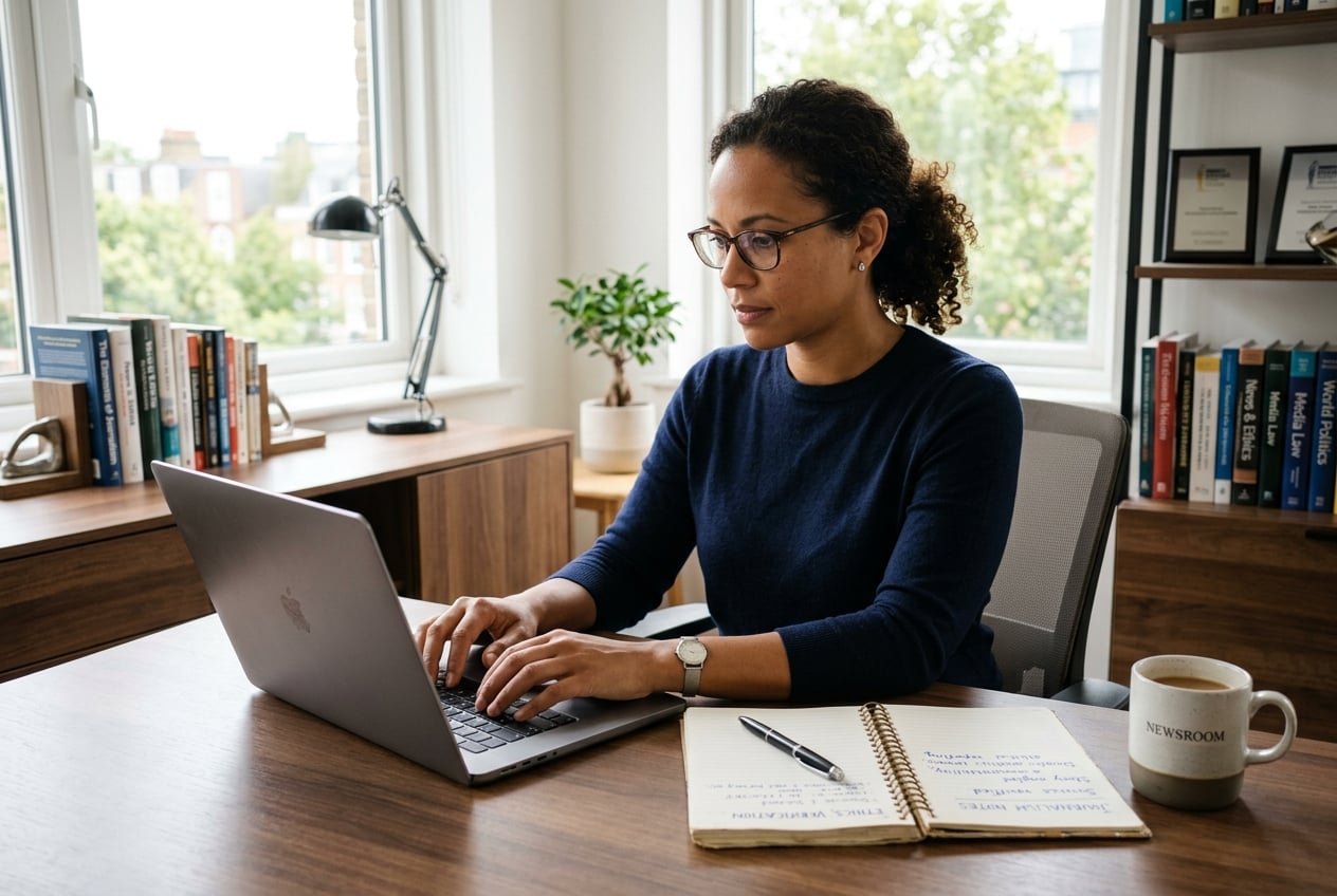 A journalist writing responsibly at a laptop