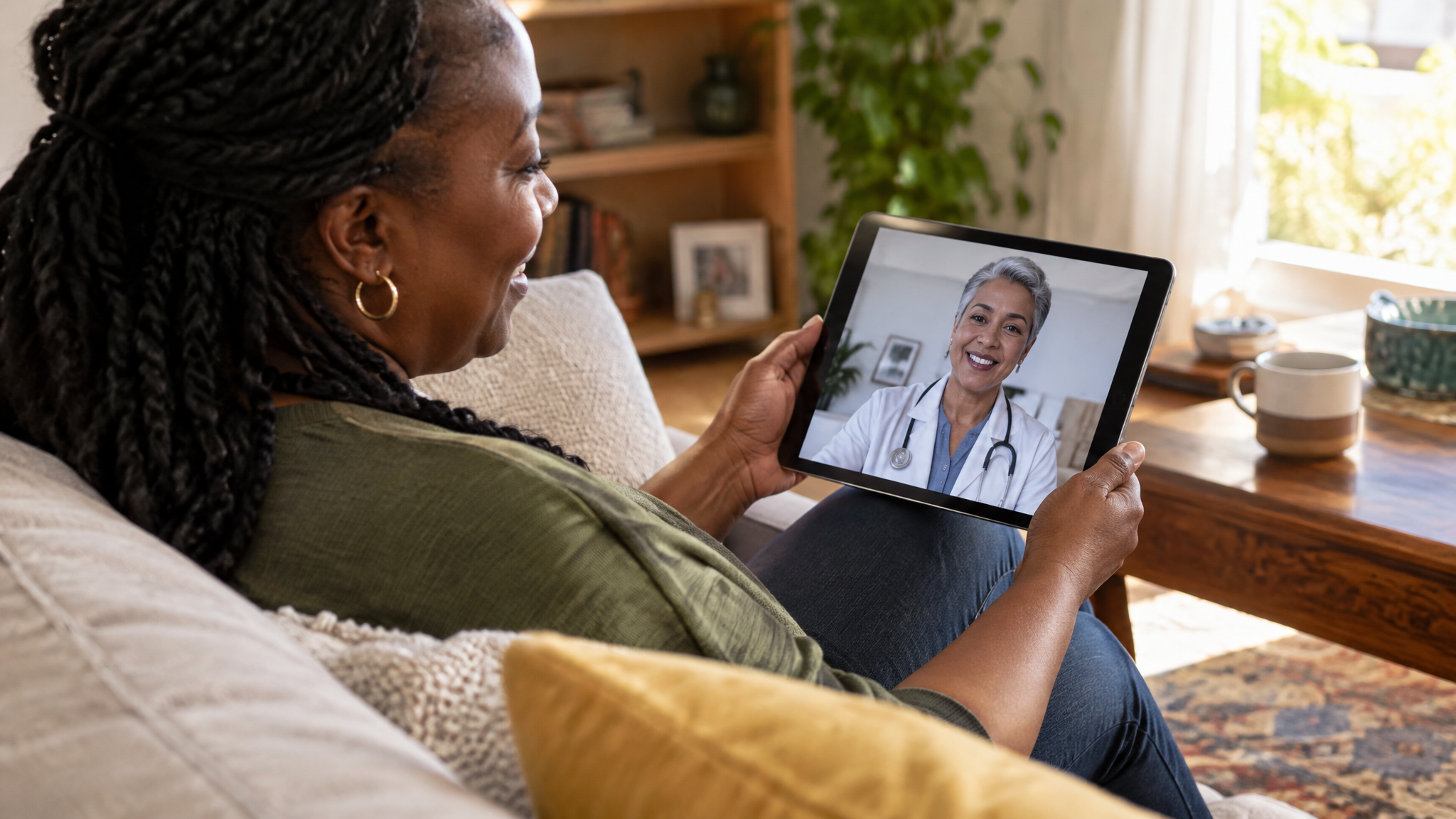 A woman veteran on her sofa holding a tablet for a video appointment with a female provider on the screen
