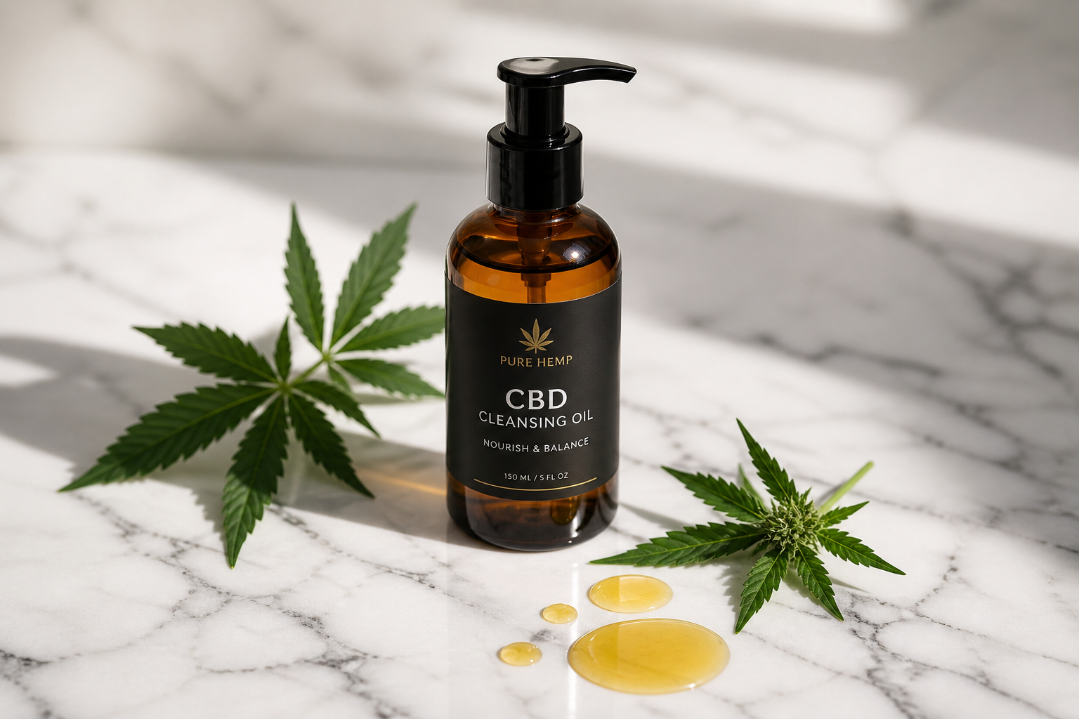 CBD cleansing oil amber glass bottle with hemp leaves on white marble surface