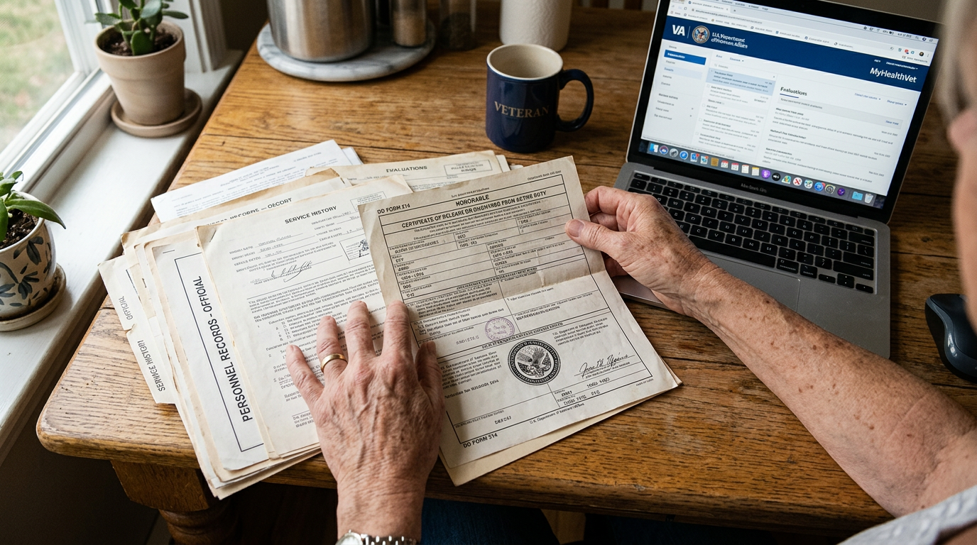 A woman veteran sorting her military service records and DD-214 at a table
