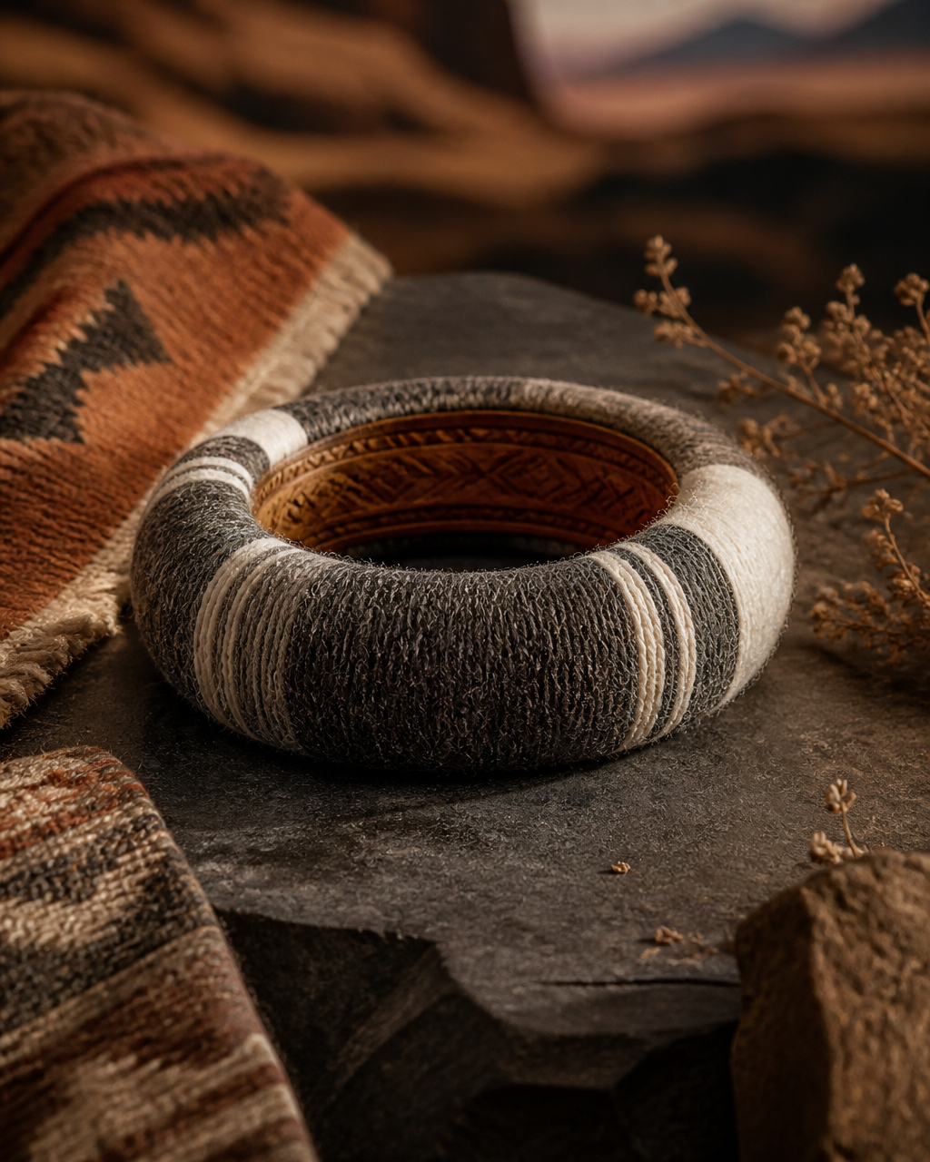The Tiwanaku Bangle, charcoal and cream hand-spun alpaca wool bracelet