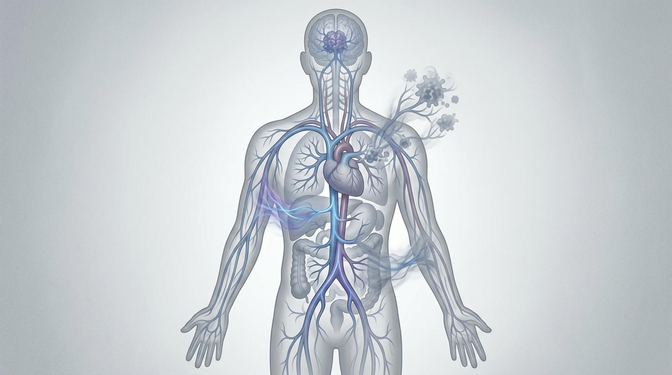 Medical illustration of interconnected body systems with a dimming energy flow representing a medically unexplained multisystem illness