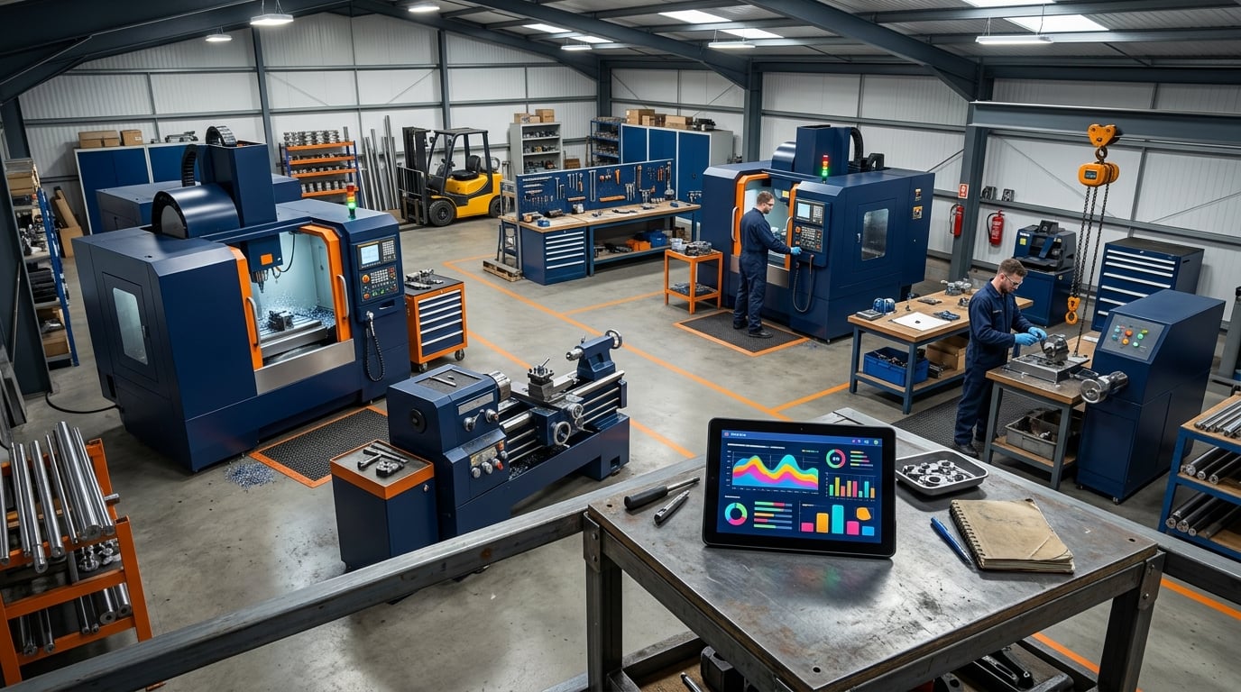 Small machine shop with a laptop showing a live production status board instead of spreadsheets