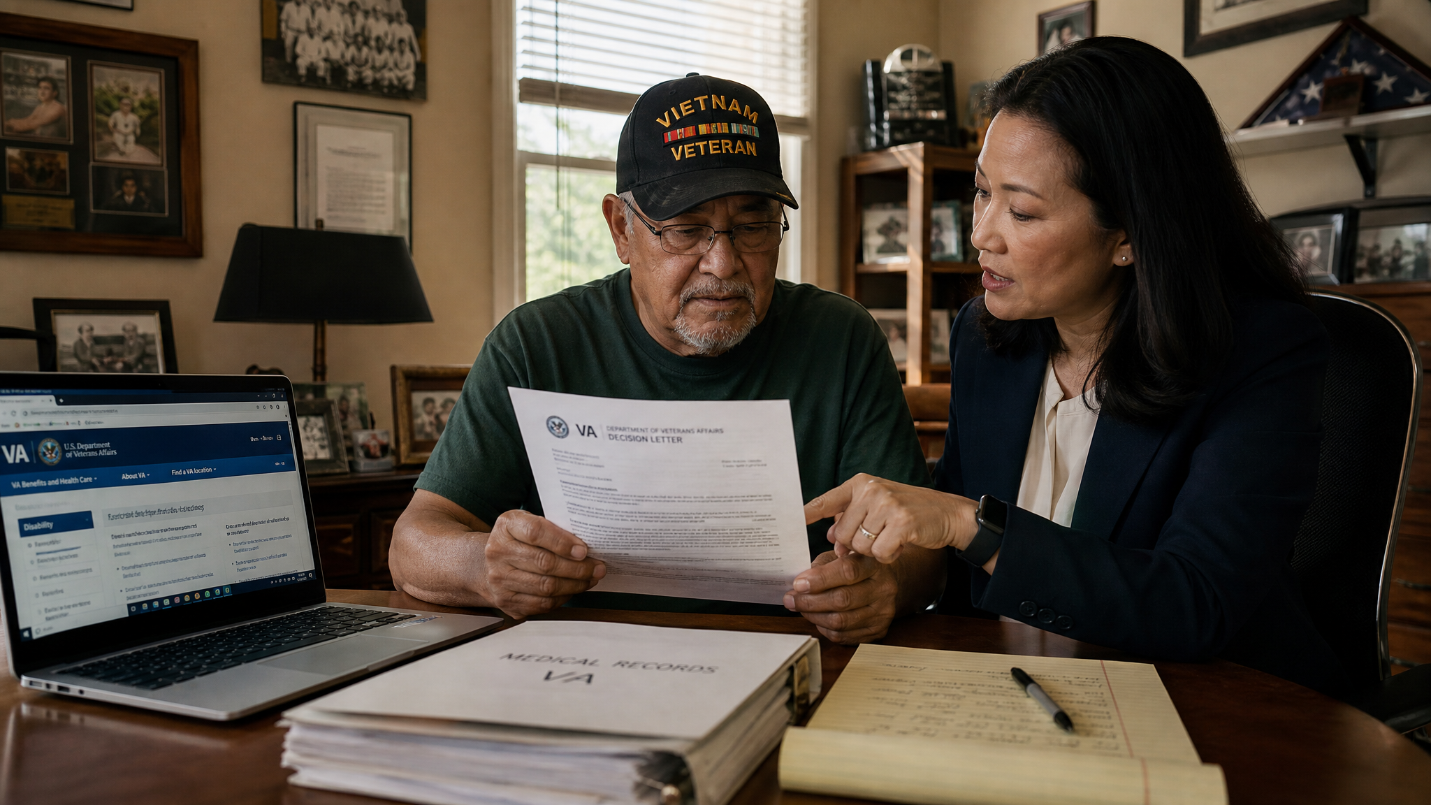 A senior Latino male veteran and an Asian female benefits advisor reviewing a VA decision letter together