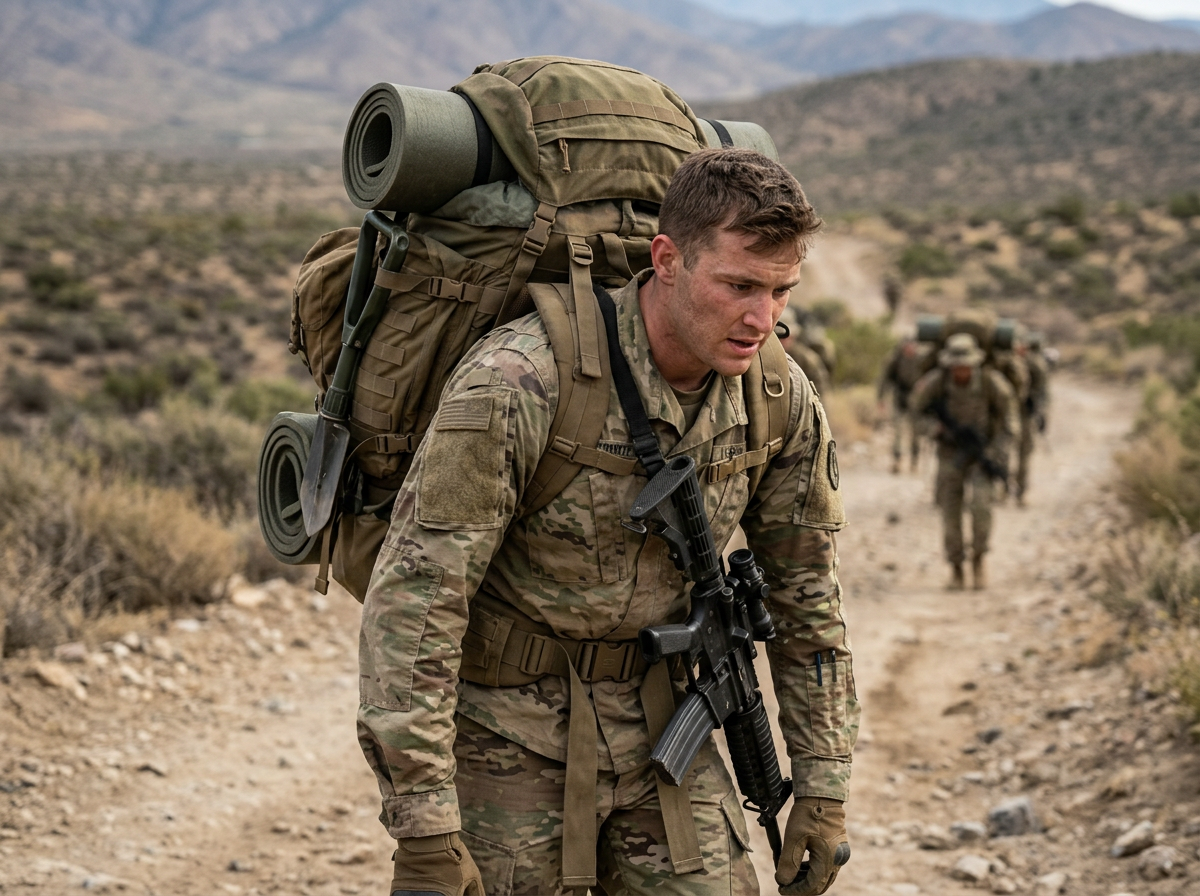 A soldier carrying a heavy rucksack during a field march, the load bearing down on the lumbar spine