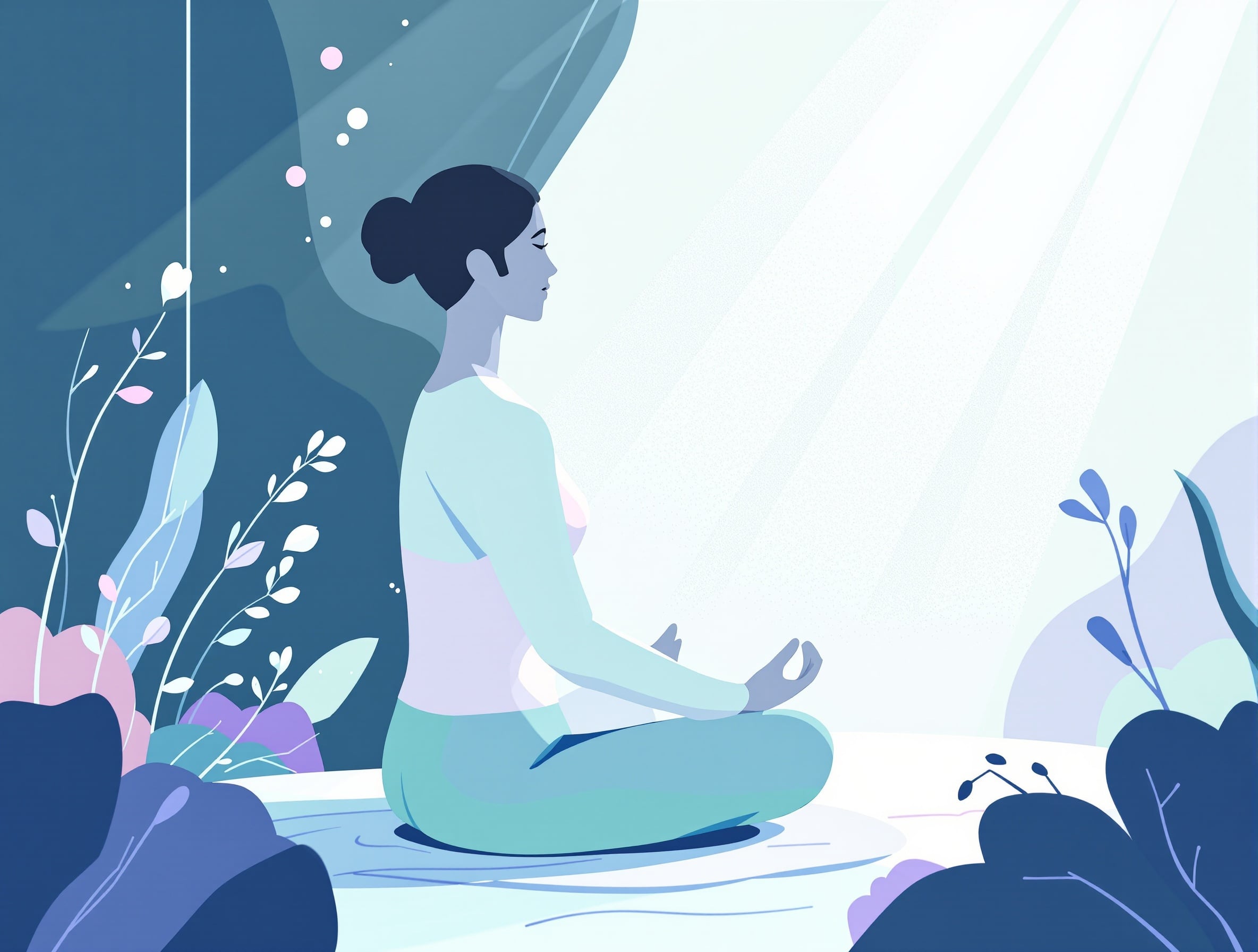 Pessoa meditando em paz com cores suaves de menta e lavanda